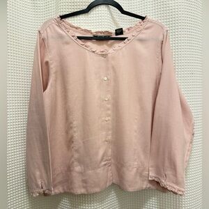 100% Linen - Light Pink Button-Front Blouse with Small Ruffle Trim